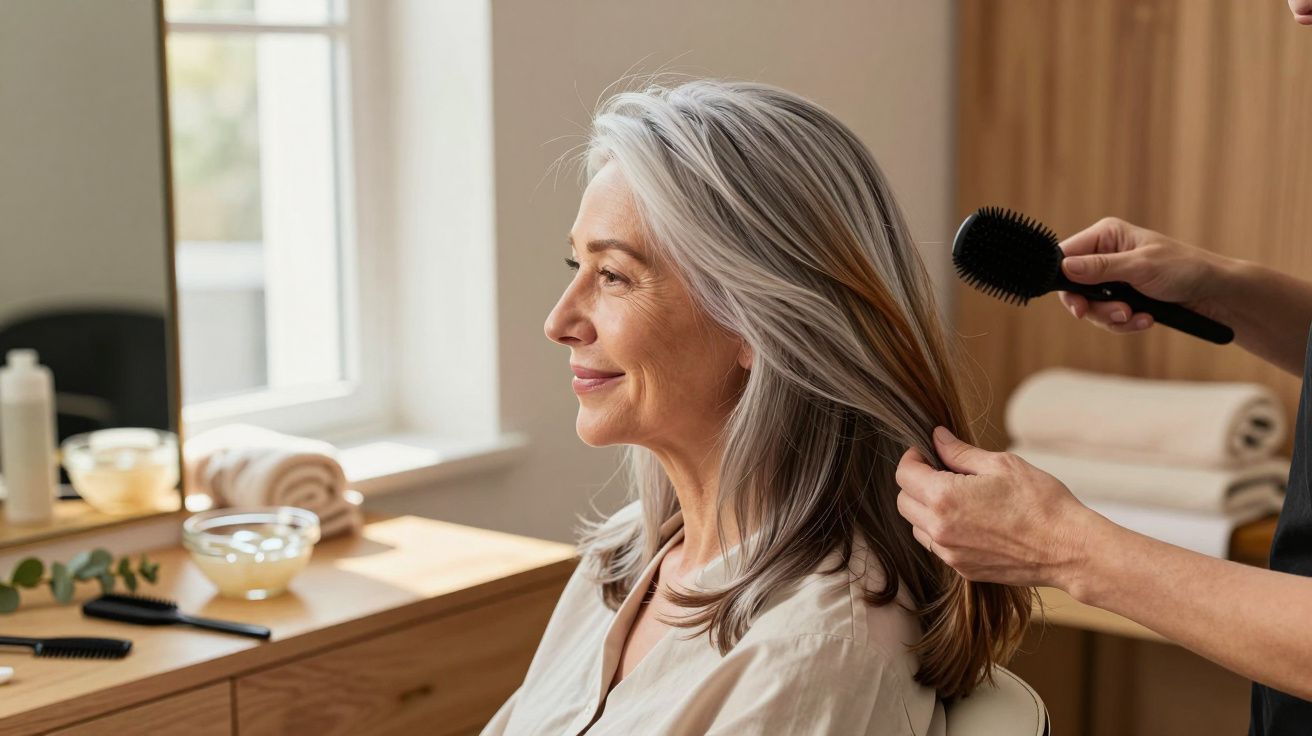 Mujer mayor sonriendo mientras le cepillan el cabello en un salón de belleza con luz natural.