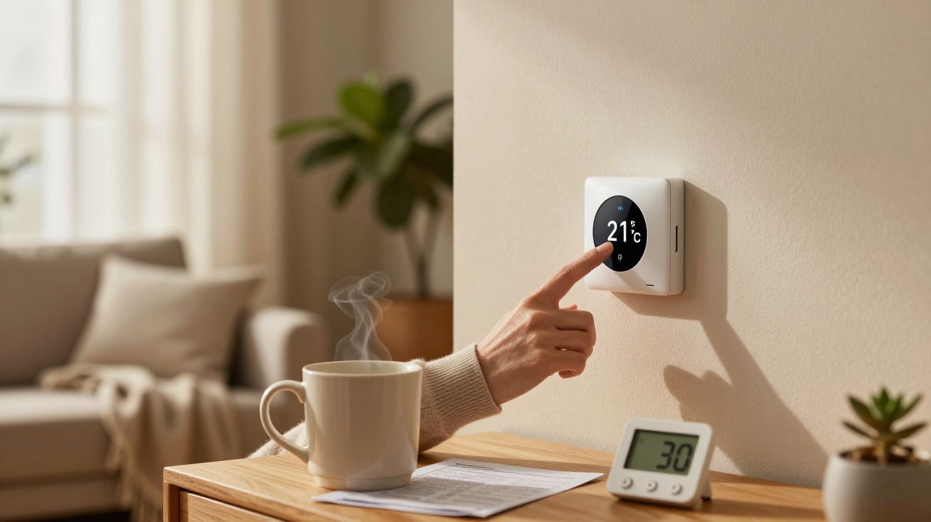 Mano ajustando un termostato a 21°C en una sala con taza de café, termómetro y plantas.