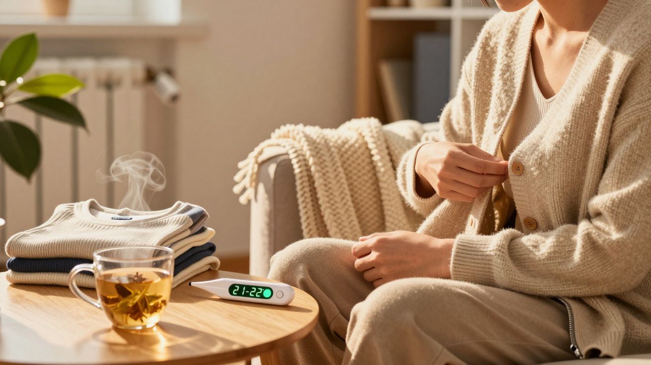 Persona sentada en una sala, con taza de té, termómetro, ropa doblada y luz suave.