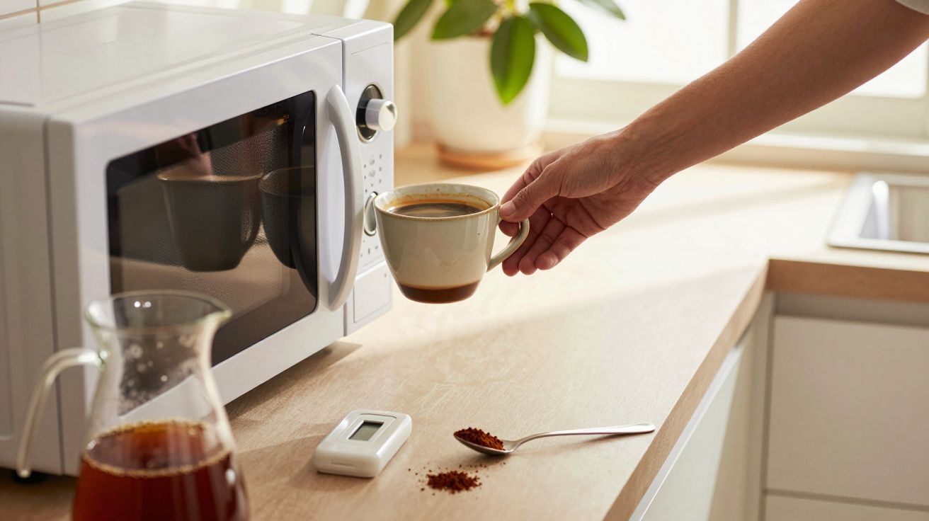 Mano sosteniendo una taza de café frente a un microondas en una cocina, con cuchara y café molido sobre encimera.