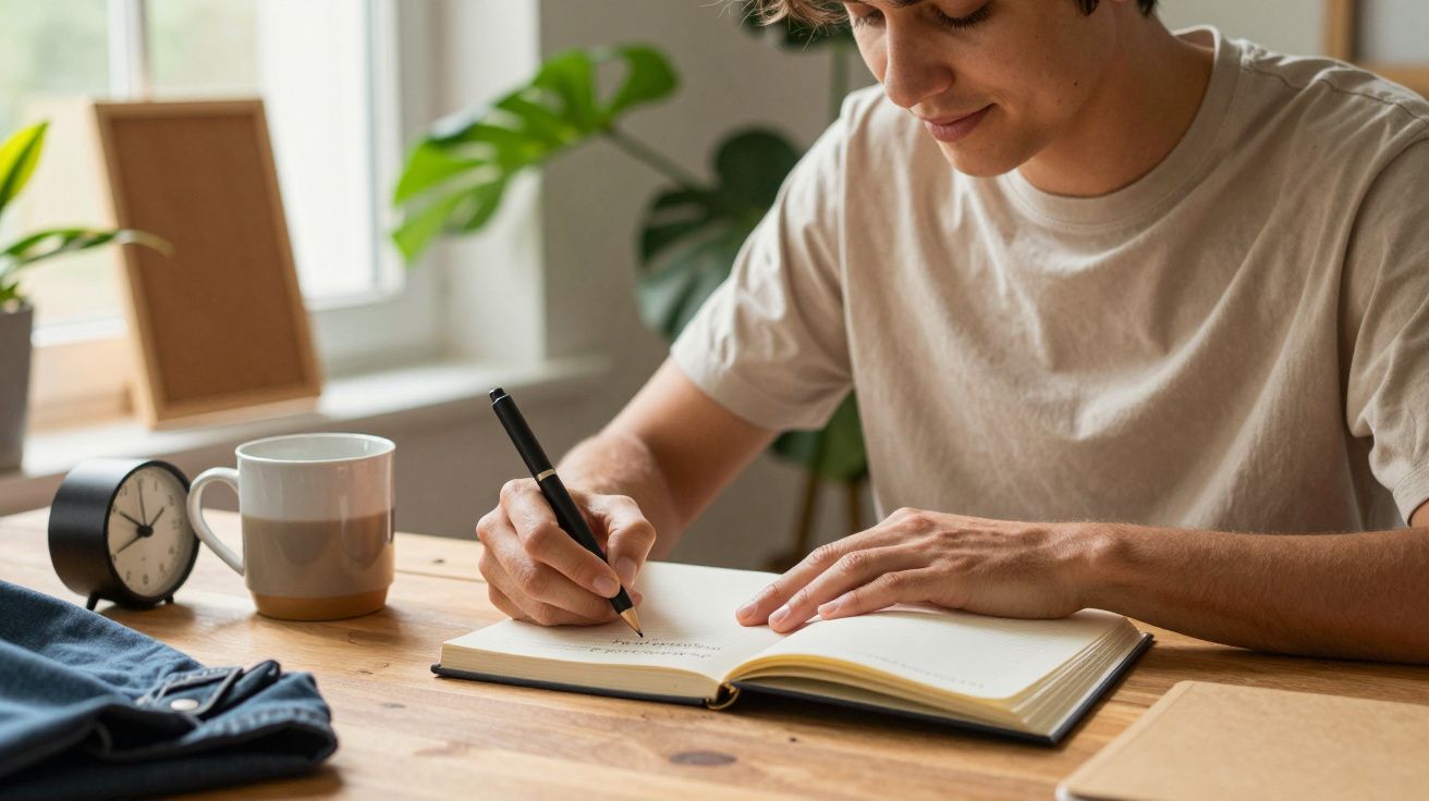 Persona escribiendo en un cuaderno en un escritorio, con taza y reloj al lado, en un ambiente iluminado y acogedor.
