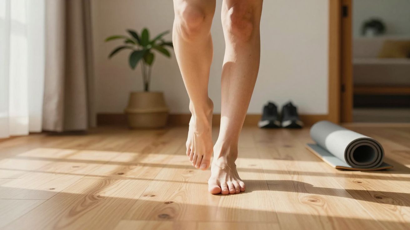 Persona descalza caminando en suelo de madera junto a una esterilla de yoga y una planta en maceta.