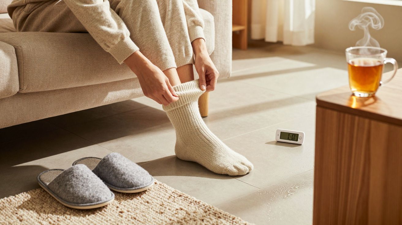 Persona poniéndose calcetines blancos junto a unas zapatillas y una taza de té humeante en una sala luminosa.
