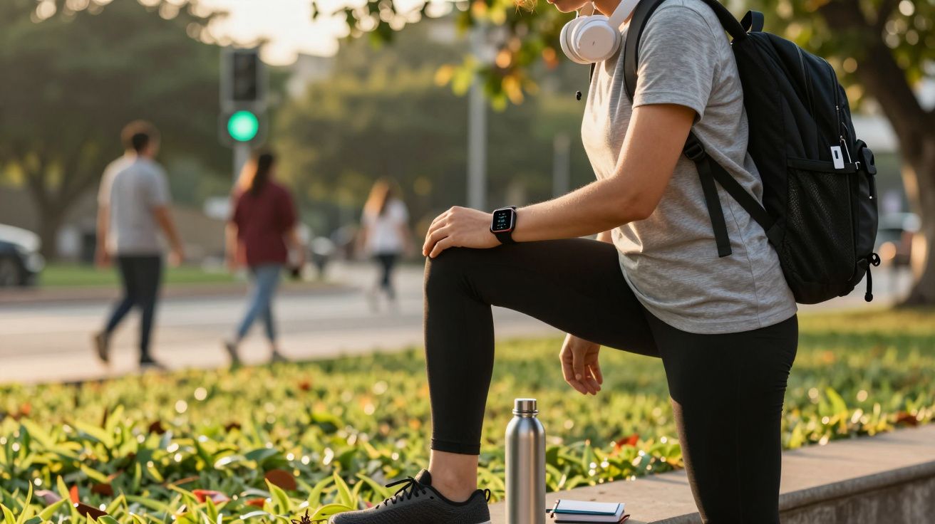 Persona con mochila y auriculares, descansando en un parque. Lleva ropa deportiva y una botella de agua. Fondo urbano.