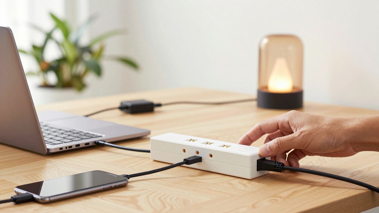 Mano conectando dispositivo a una regleta en una mesa de oficina, junto a un portátil y un teléfono.