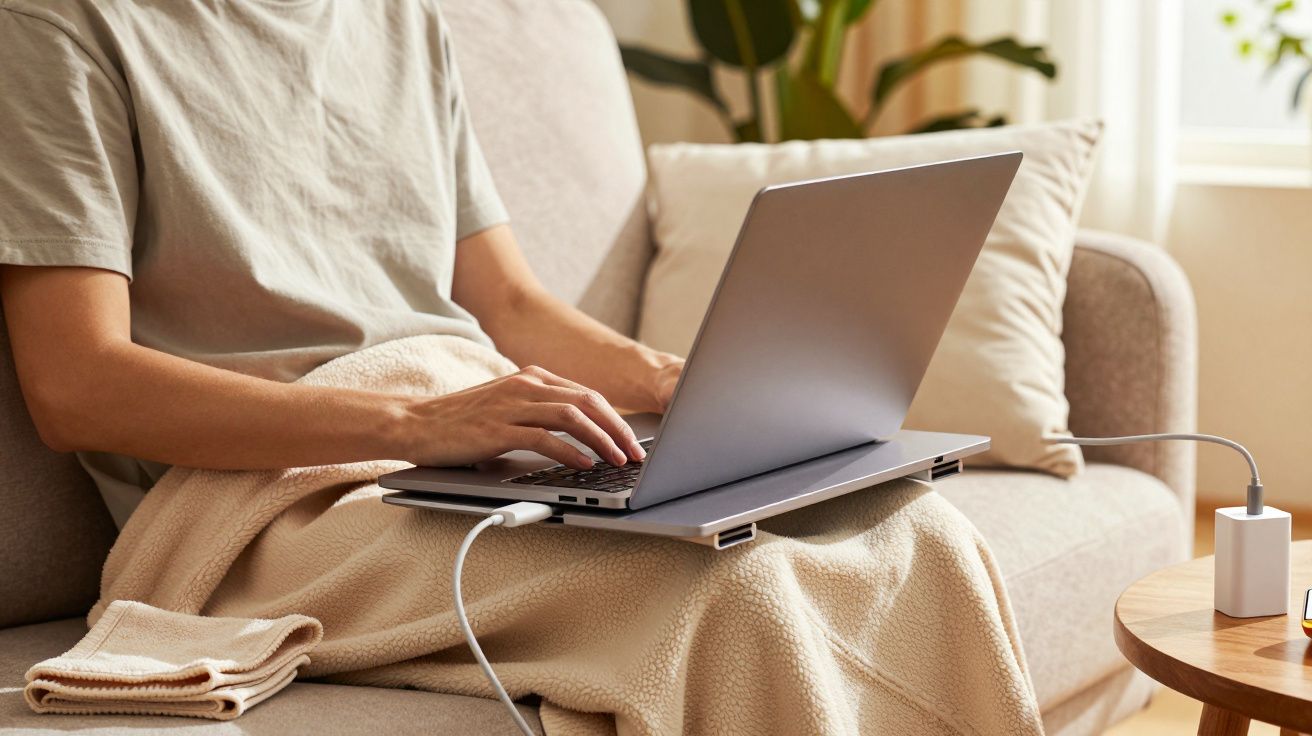 Persona usando un portátil en el sofá, cubierta con una manta. El portátil está conectado a un cargador.
