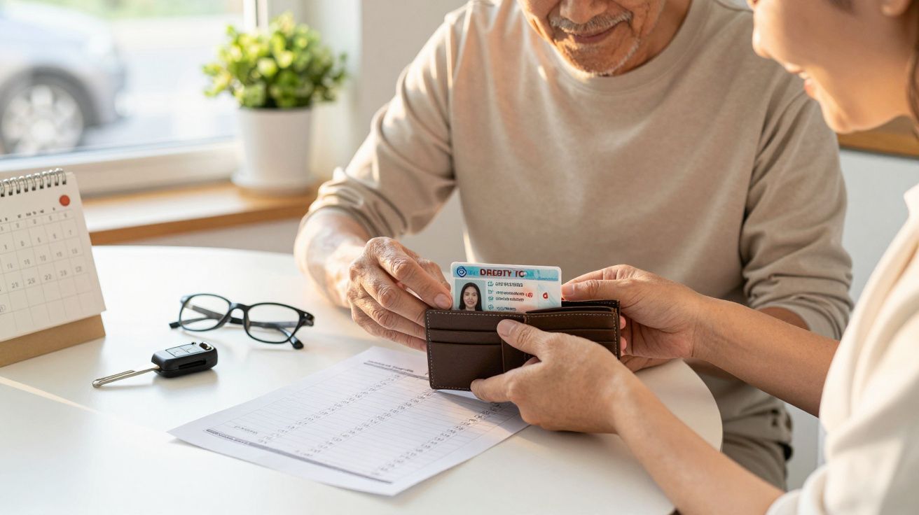 Persona mayor retirando documento de identidad de una cartera sobre una mesa con gafas, calendario y llaves.