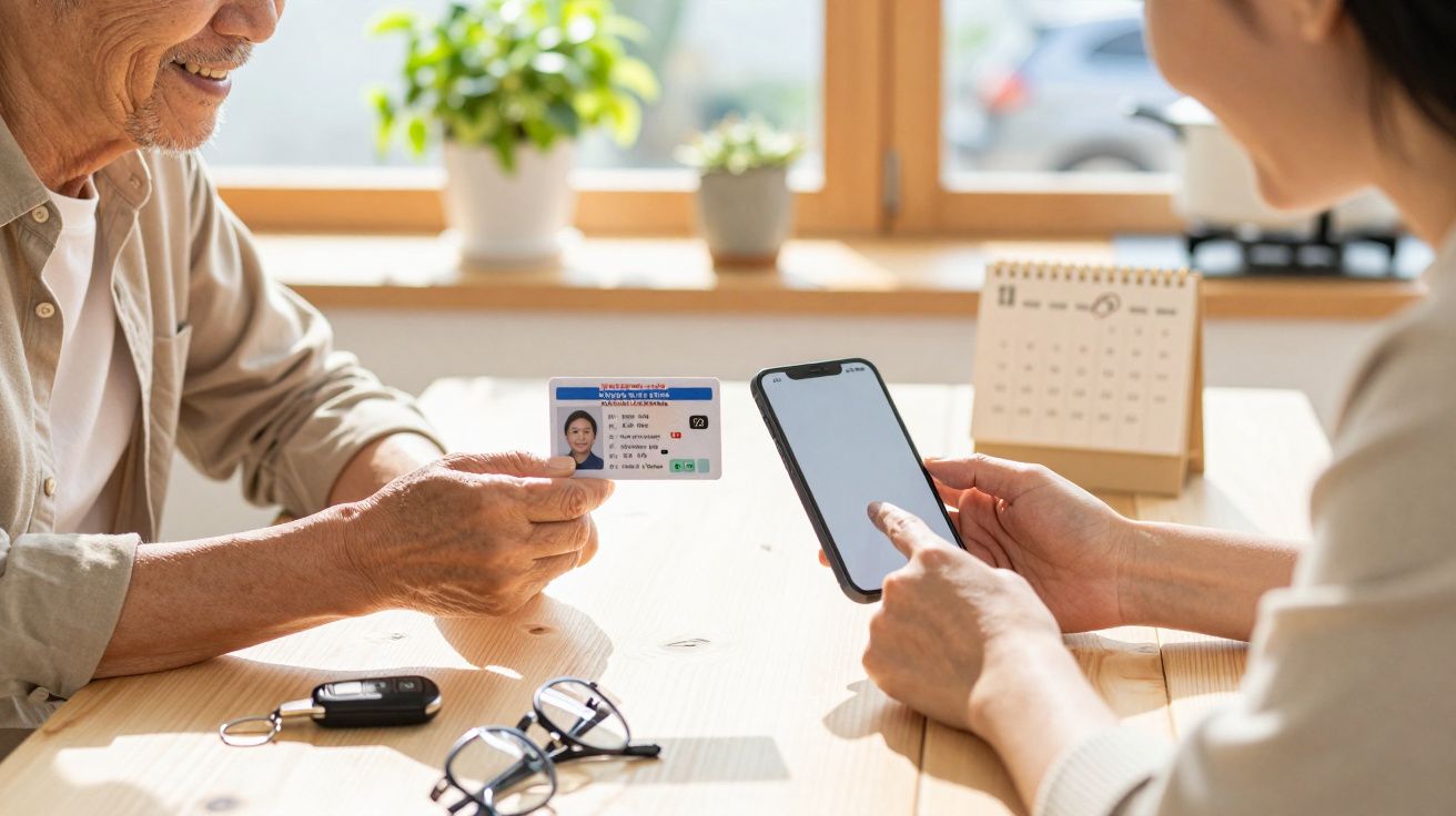 Persona mayor sosteniendo tarjeta de identificación mientras otra persona escanea con un móvil. Mesa con llaves, gafas y cale