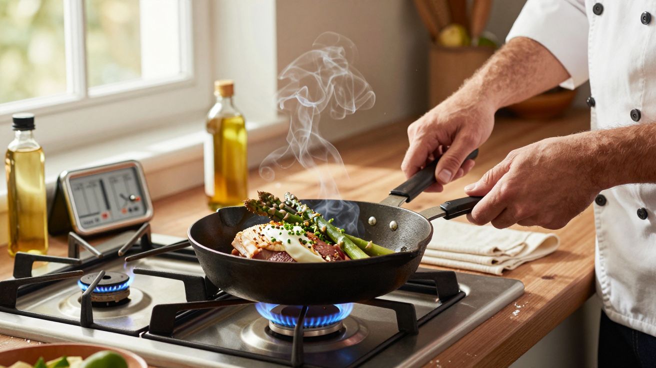 Chef cocinando en sartén con verduras y carne en cocina a gas, con aceite de oliva y temporizador al fondo.