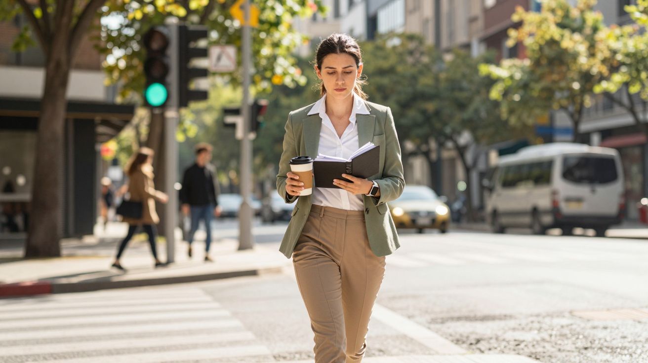 Mujer caminando por la calle con café y cuaderno en la mano, vestida de traje, en un cruce peatonal urbano.