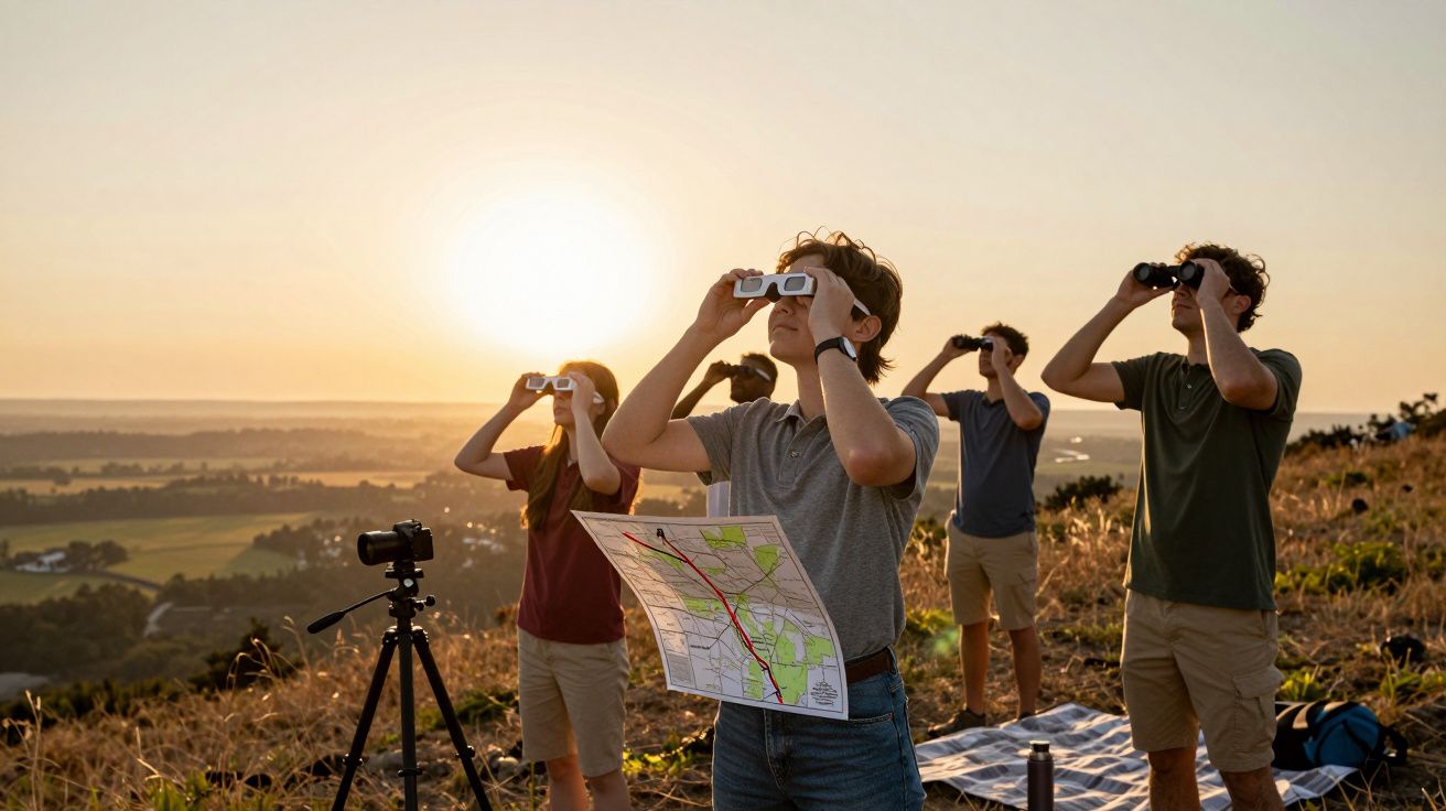 Personas observando el cielo al atardecer con binoculares y mapa en un campo.
