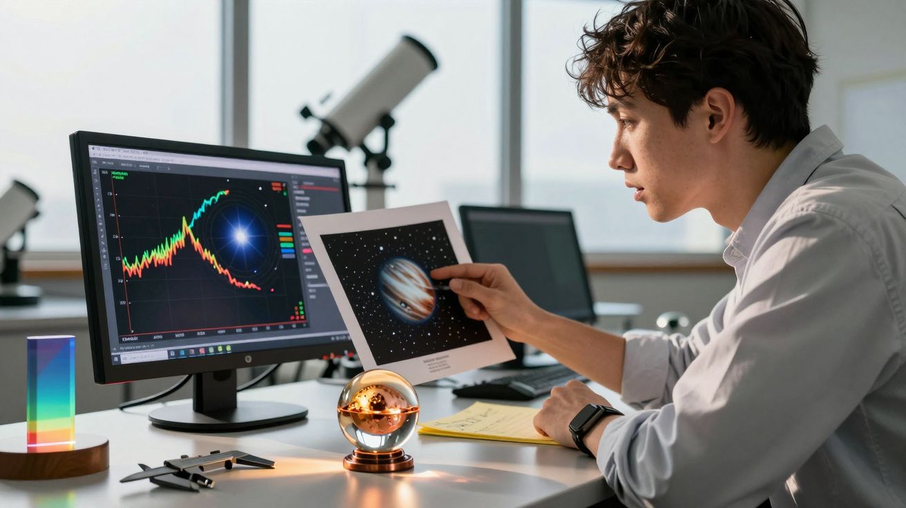Hombre analizando gráficos astrológicos en un ordenador mientras sostiene una foto del planeta Júpiter en un observatorio.