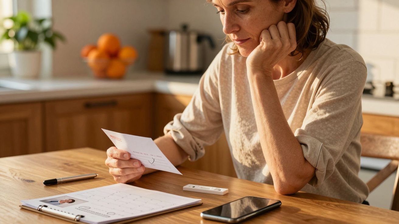 Mujer sentada en la cocina leyendo una hoja, con un teléfono, bolígrafo y calendario sobre la mesa de madera.