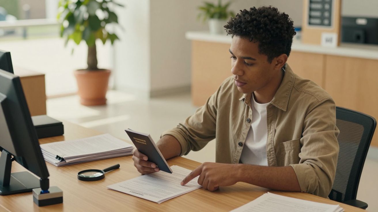 Hombre joven con camisa beige consulta un documento y un pasaporte sentado en una oficina con ordenador y planta de fondo.