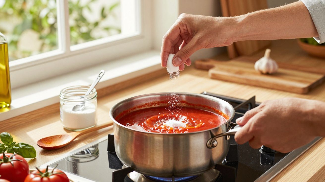 Persona agregando sal a una olla de salsa de tomate en una cocina con luz natural.