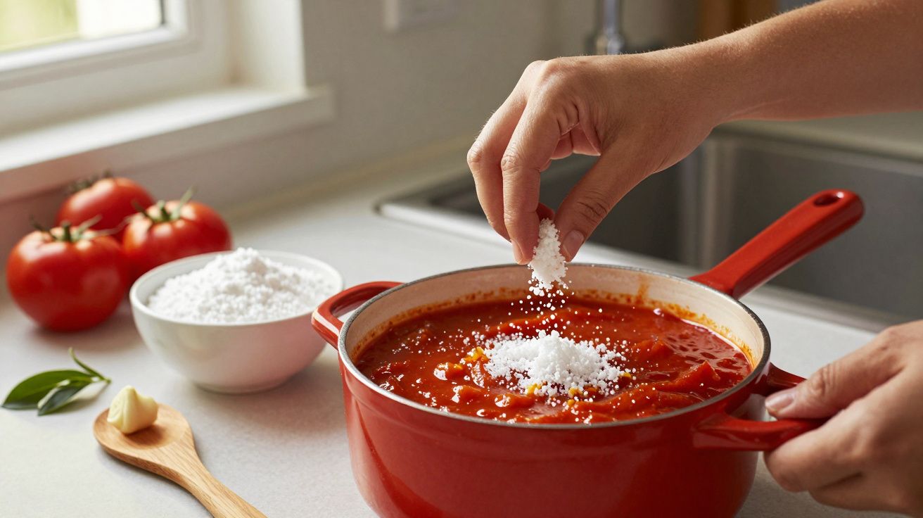 Mano añadiendo sal a una olla de salsa de tomate en la cocina, con tomates y ajo al fondo.