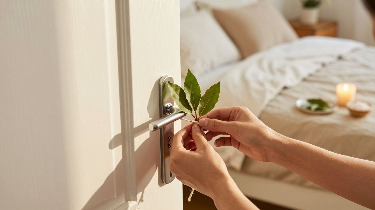 Manos atando hojas a la manilla de una puerta blanca en un dormitorio con cama deshecha y vela encendida.