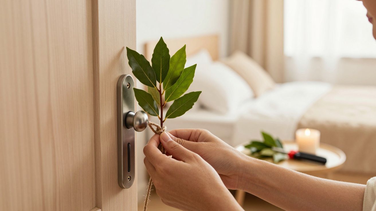 Manos atando laurel a una manilla de puerta de madera; fondo de dormitorio con cama y vela encendida.