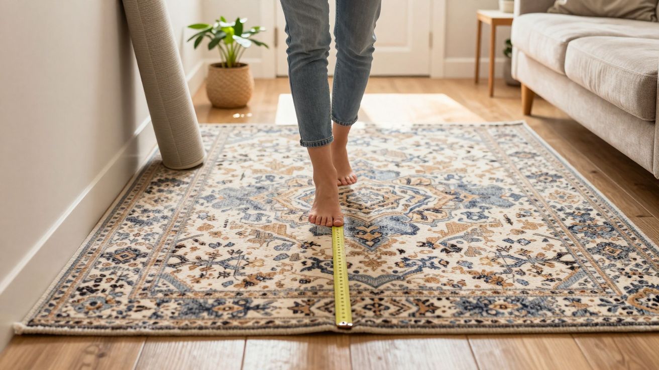 Persona caminando descalza sobre una cinta de medir en una alfombra con diseño floral en una sala de estar iluminada.