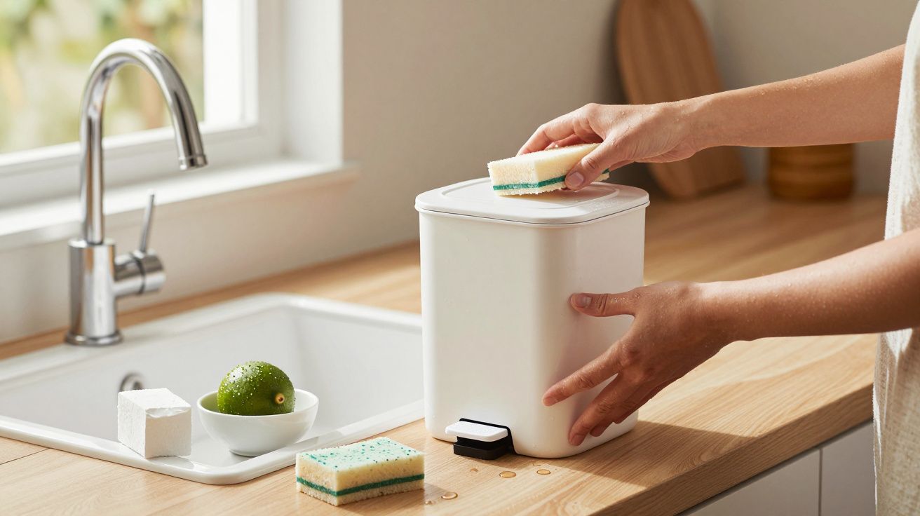 Persona usando una esponja sobre un dispensador blanco en una encimera de cocina junto a un fregadero y un cuenco con lima.