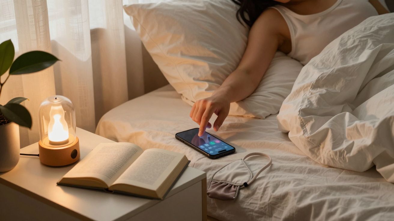 Persona en la cama con móvil, lámpara encendida y libro abierto sobre mesilla, al lado de una cortina blanca.