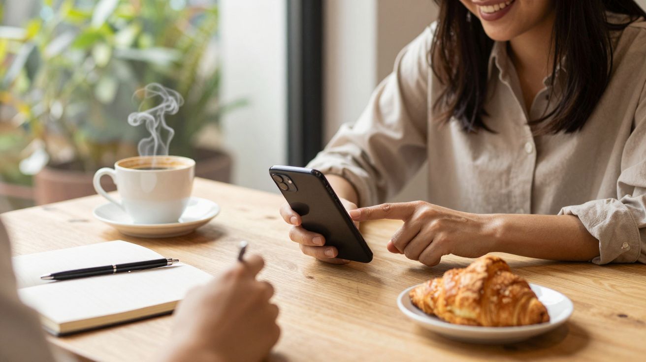 Mujer sonriente usando móvil en cafetería, croissant y café en la mesa.