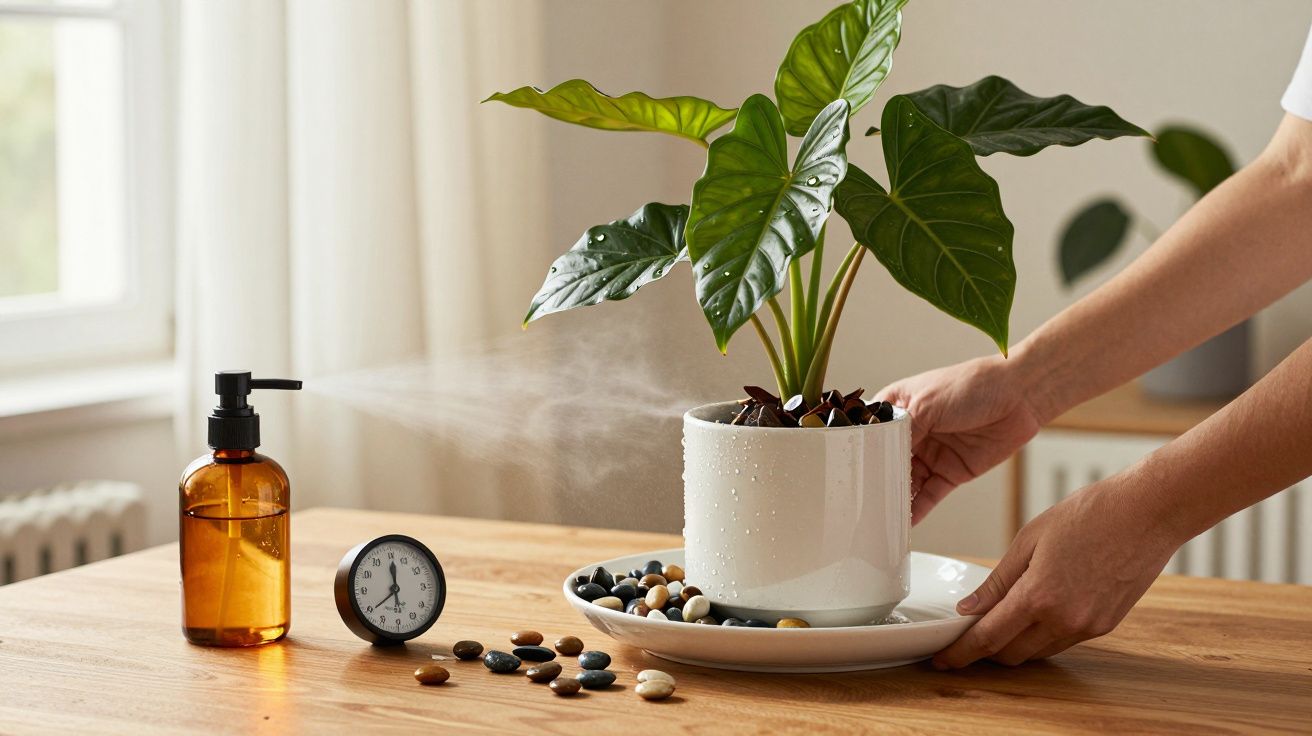 Manos colocando una planta en maceta sobre un plato con piedras, junto a un pulverizador y un reloj sobre una mesa de madera.