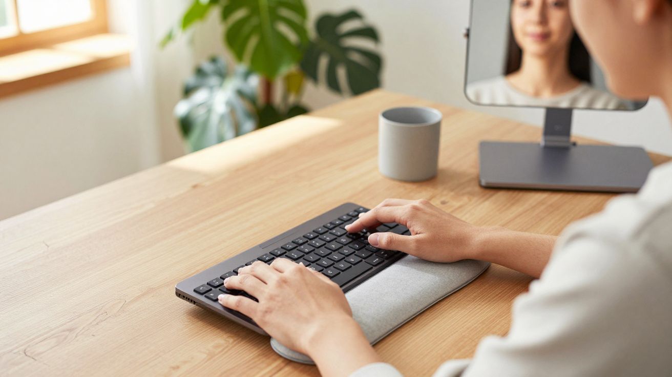 Persona usando teclado en un escritorio de madera, con taza y espejo al fondo.