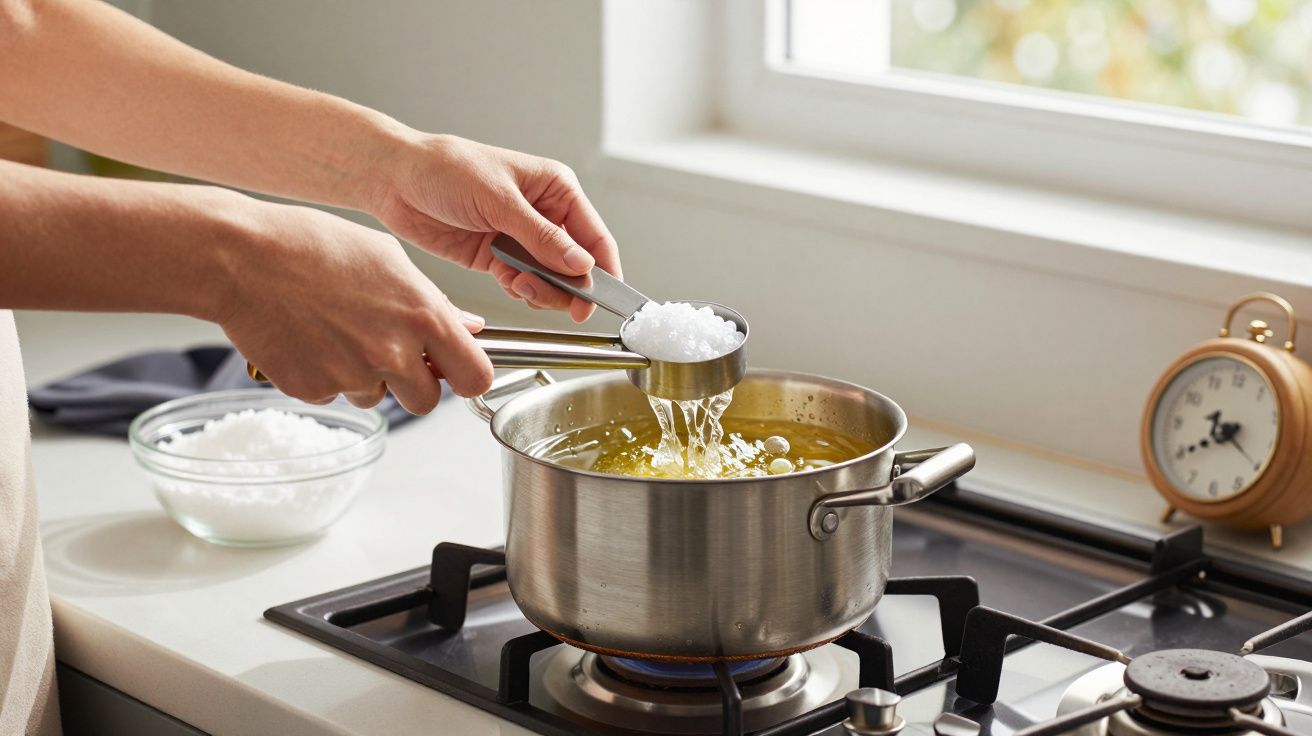Manos añadiendo pastillas blancas a una olla en el fuego, reloj y bol en el fondo.