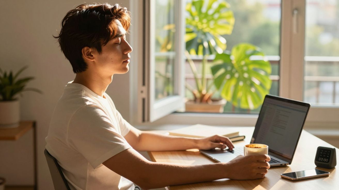 Hombre joven meditando frente a un ordenador portátil con una taza en la mano, junto a una ventana abierta con plantas.