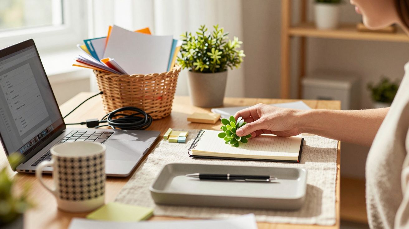 Persona trabajando en escritorio con planta, portátil, cuaderno y lápiz, junto a cesta con papeles y taza de café.