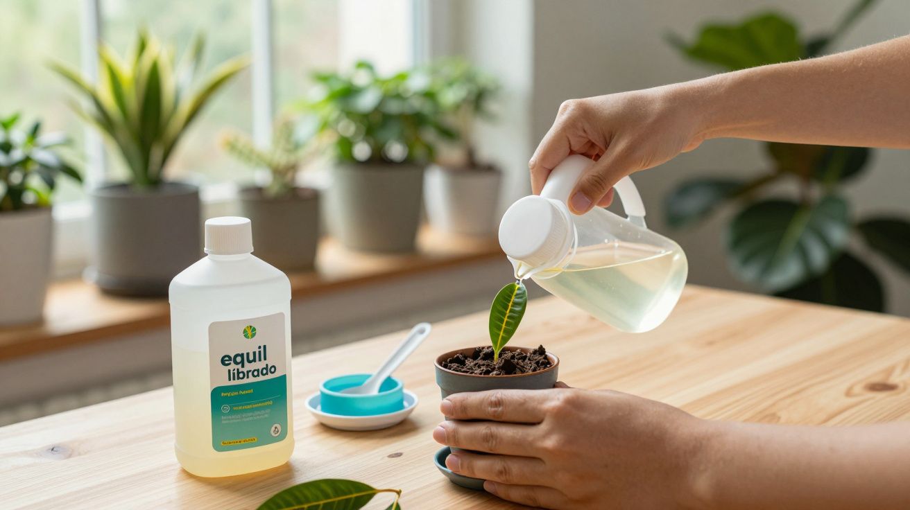 Persona regando una planta en maceta en una mesa junto a un fertilizante líquido y utensilios de jardinería.
