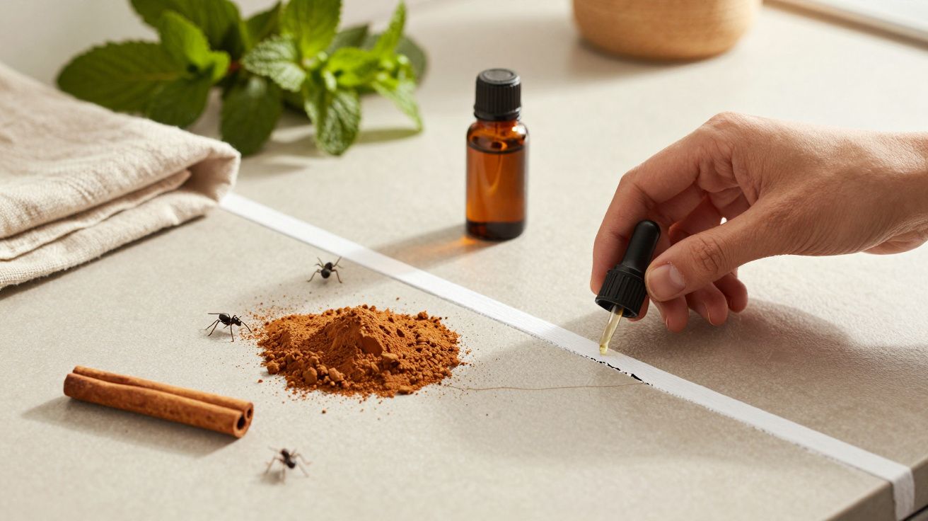 Mano aplicando gotas cerca de canela en polvo y hormigas sobre una superficie con botella de aceite y hojas de menta.