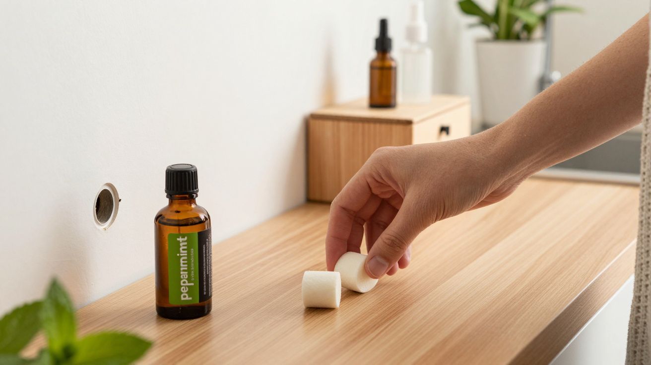 Mano coloca cubos junto a botella de aceite de menta sobre encimera de madera en cuarto con plantas decorativas.