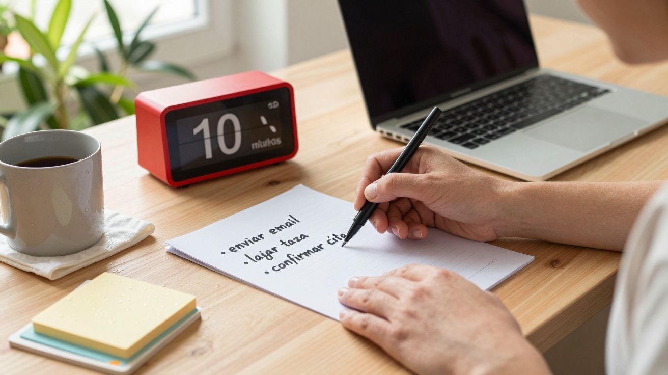 Mano escribiendo lista de tareas en papel, junto a reloj rojo, taza de café y portátil sobre escritorio de madera.
