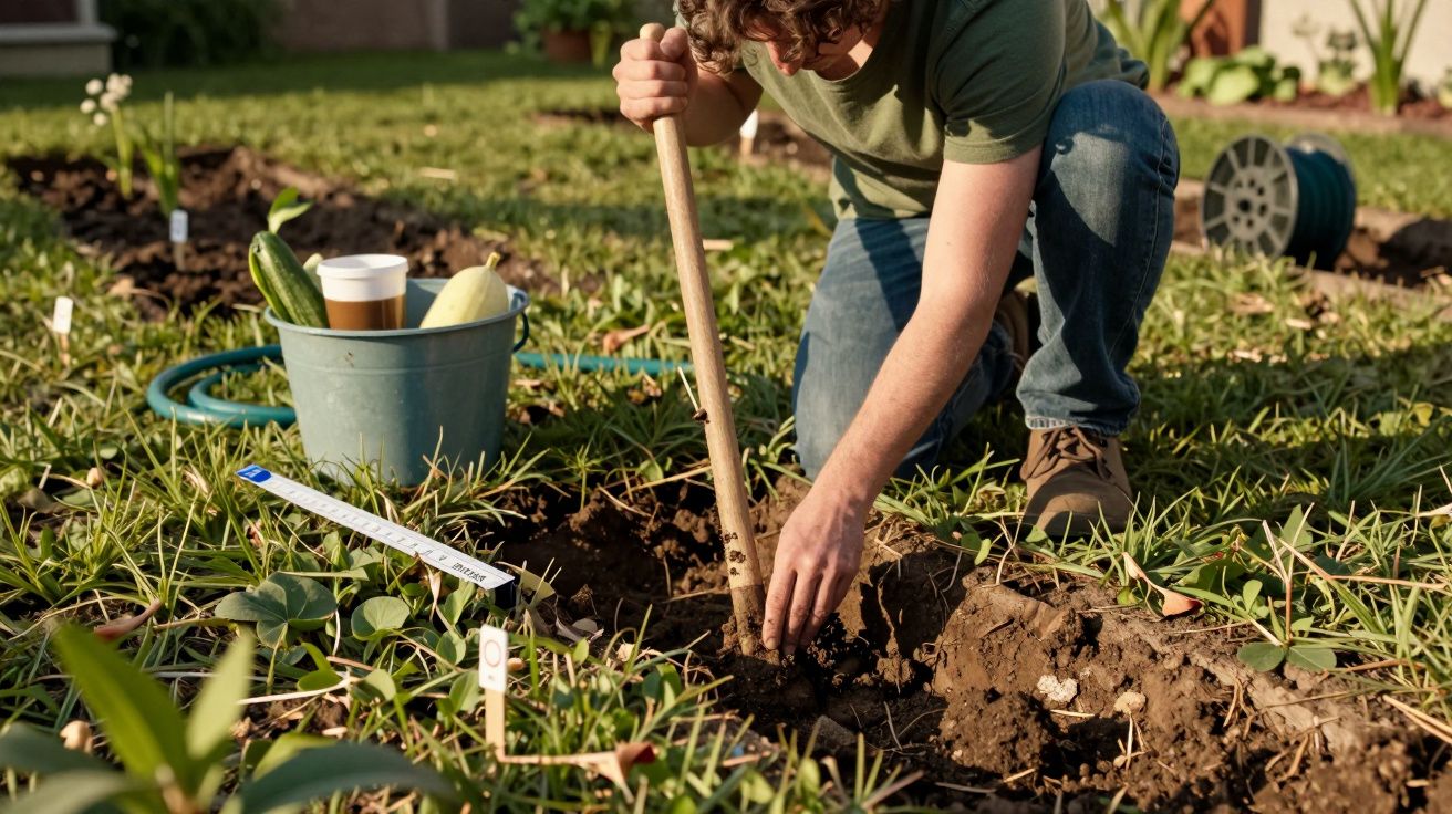 Persona cavando en un huerto, rodeada de plantas, con un cubo y herramientas de jardín cerca.