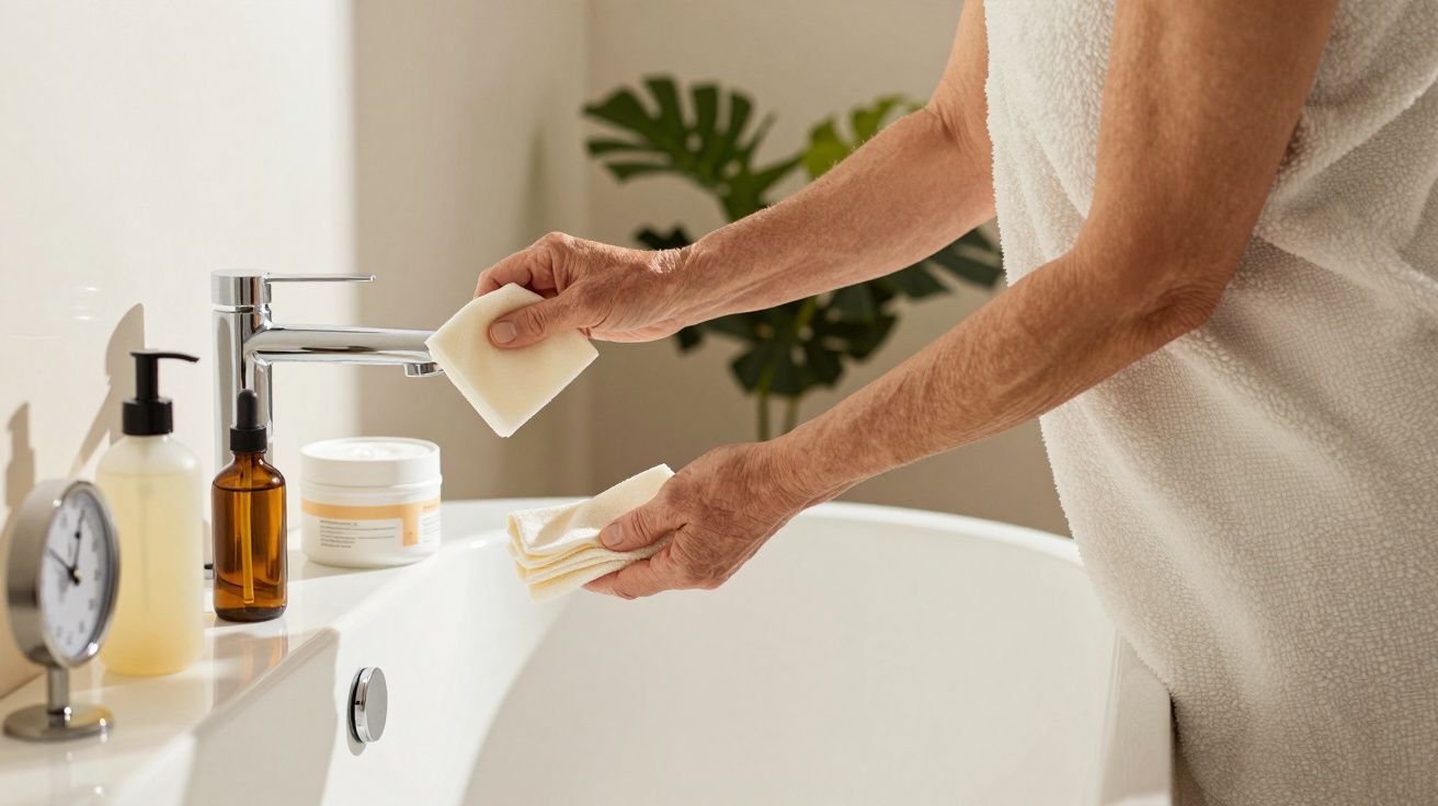 Persona en baño sosteniendo una pastilla de jabón y paño. Botellas y reloj en repisa junto a la bañera.