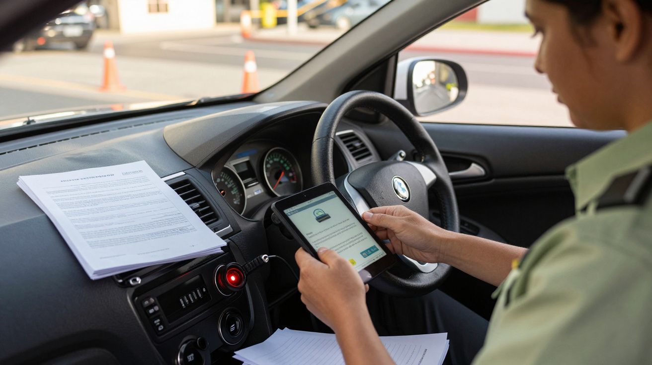Persona en coche usando una tablet para revisar documentos, con papeles en el salpicadero.