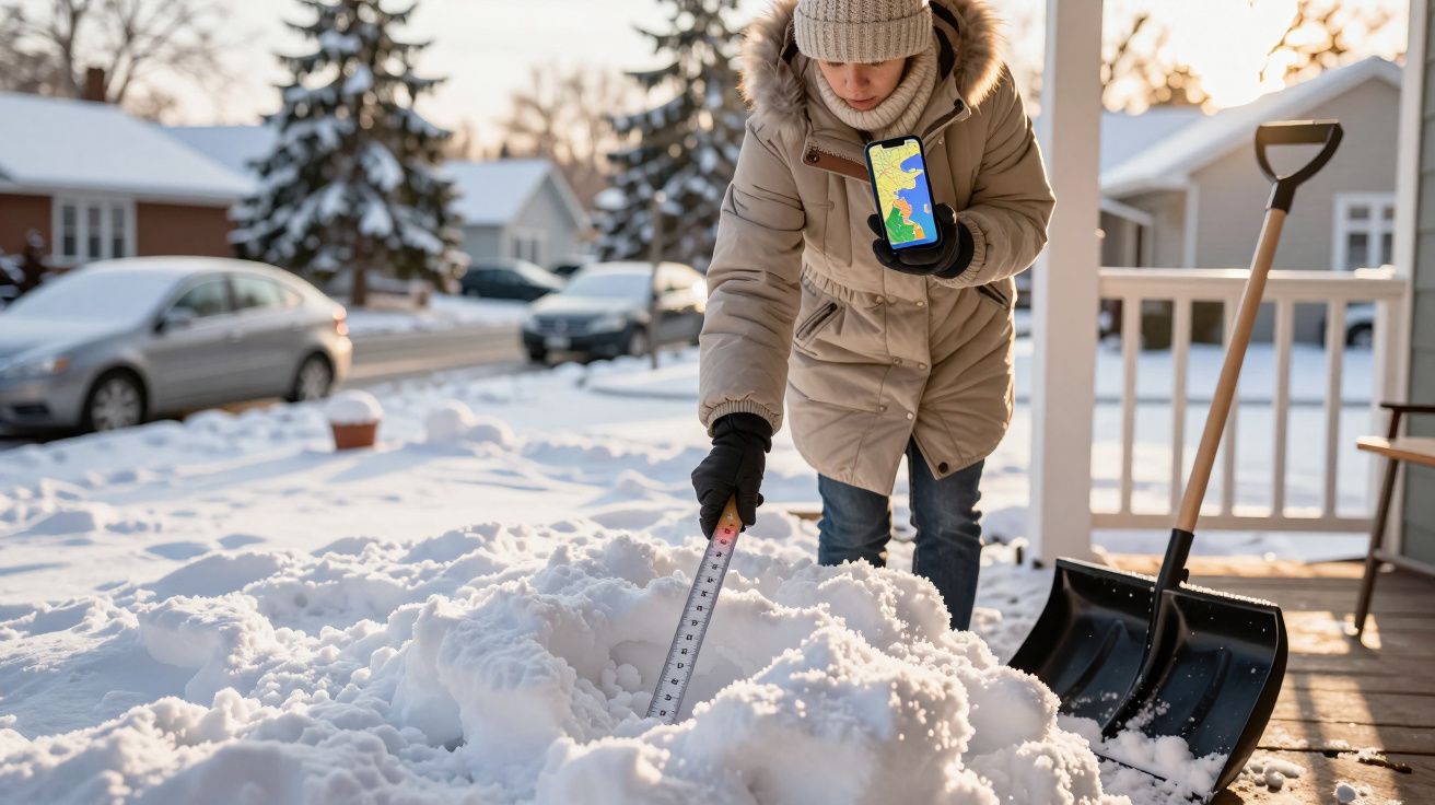 Persona en abrigo mide nieve con regla, sostiene móvil con mapa en pantalla; pala apoyada cerca en una entrada.