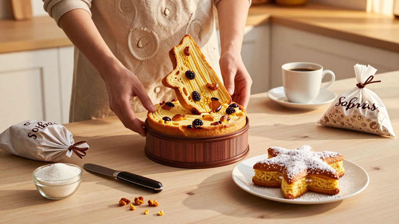 Persona decorando tarta con forma de árbol en cocina, junto a un café y galletas en forma de estrella.
