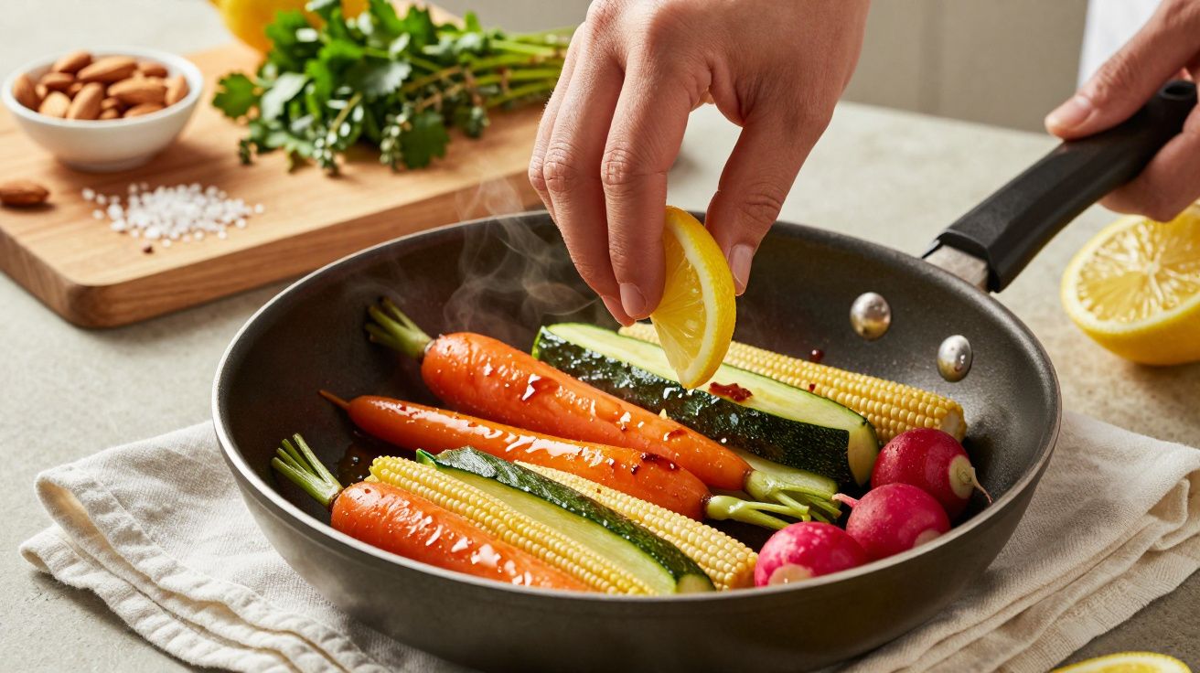 Mano exprime limón sobre verduras al vapor en sartén: zanahorias, calabacín, mazorquitas y rábanos.