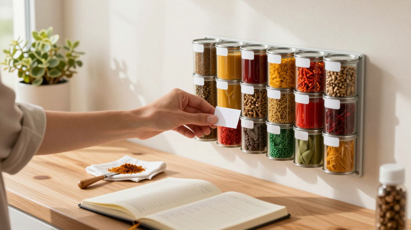 Mano etiquetando frascos de especias en la cocina, junto a un libro abierto sobre la encimera.