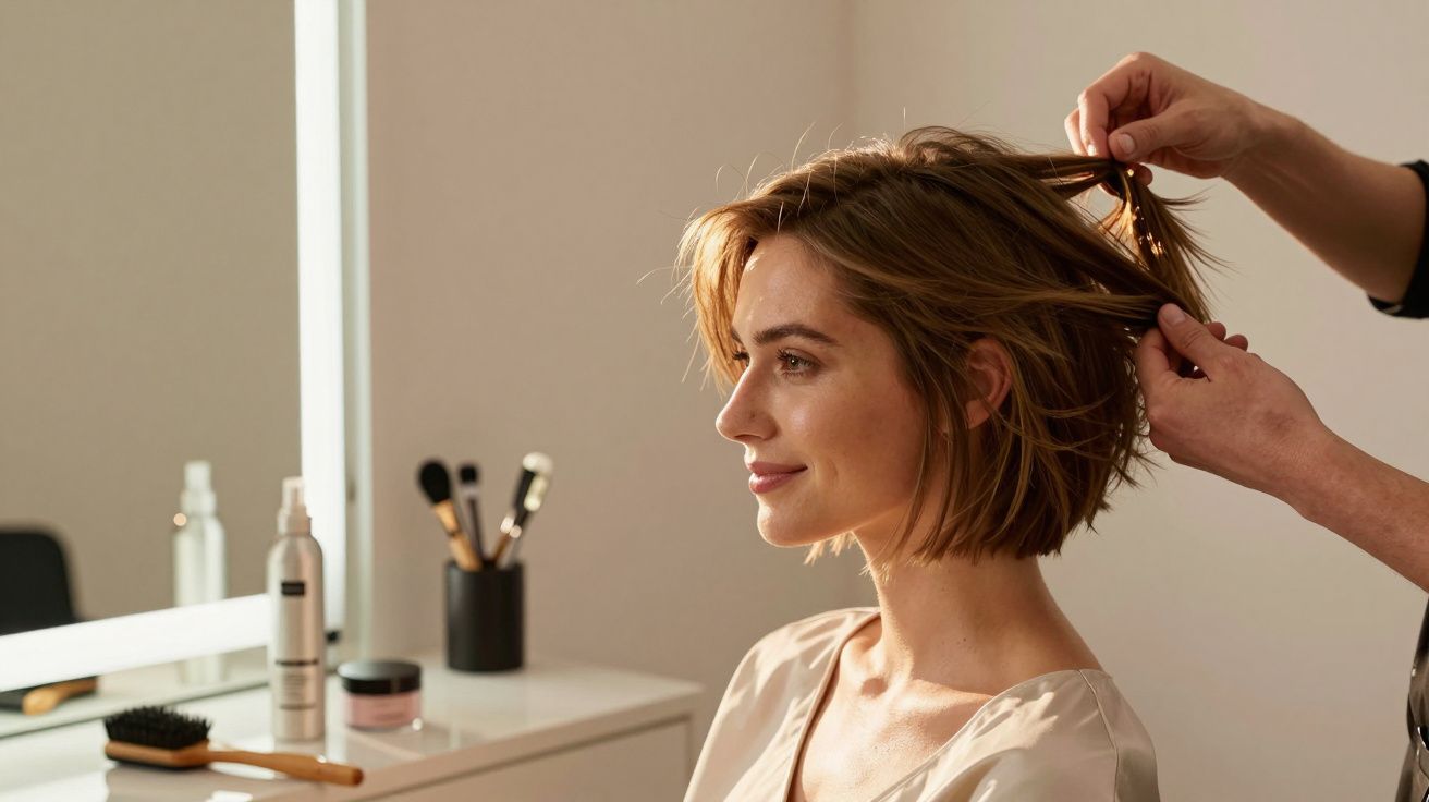 Mujer sonriente en un salón de belleza mientras estilista arregla su pelo corto y castaño, con herramientas en el fondo.