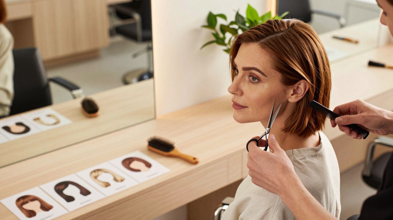 Mujer en peluquería con cabello castaño corto, mirando al espejo, mientras le cortan el pelo.