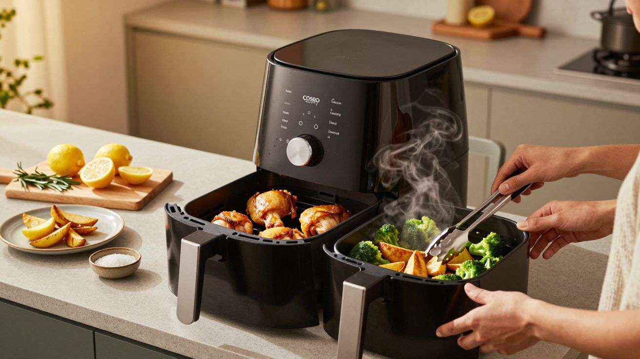 Freidora de aire en cocina moderna cocinando pollo, brócoli y patatas. Al fondo, rodajas de limón sobre la encimera.