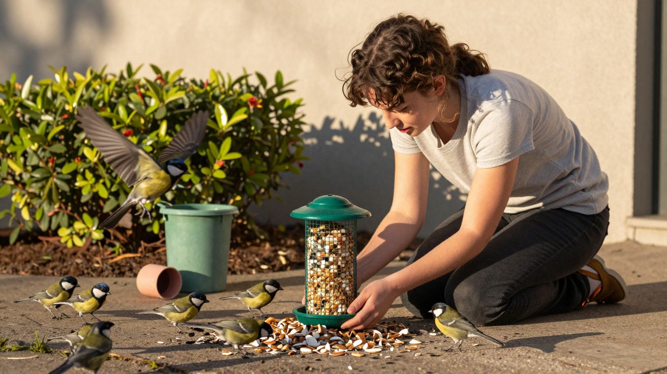Persona alimenta aves en el suelo con un comedero verde, rodeada de vegetación, en un día soleado.