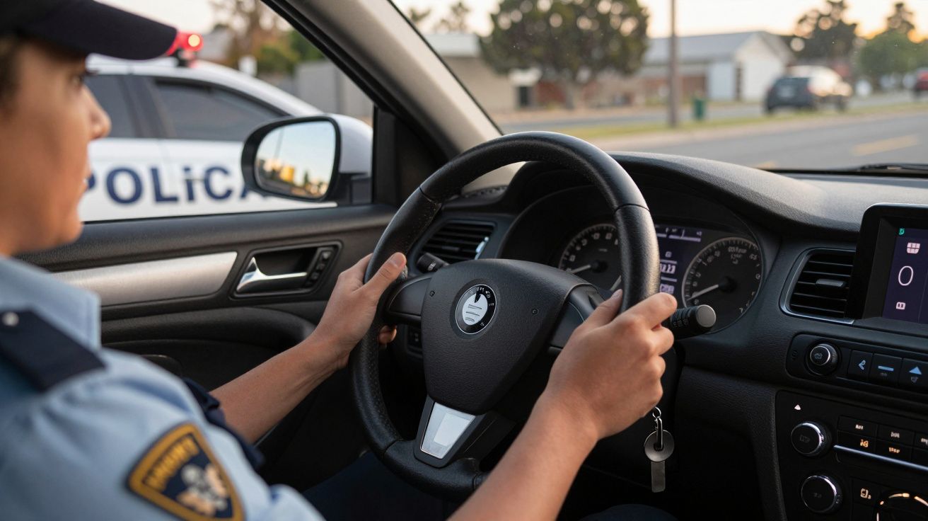 Una persona conduce un coche patrulla de policía, enfocada en el volante y el tablero de mandos.