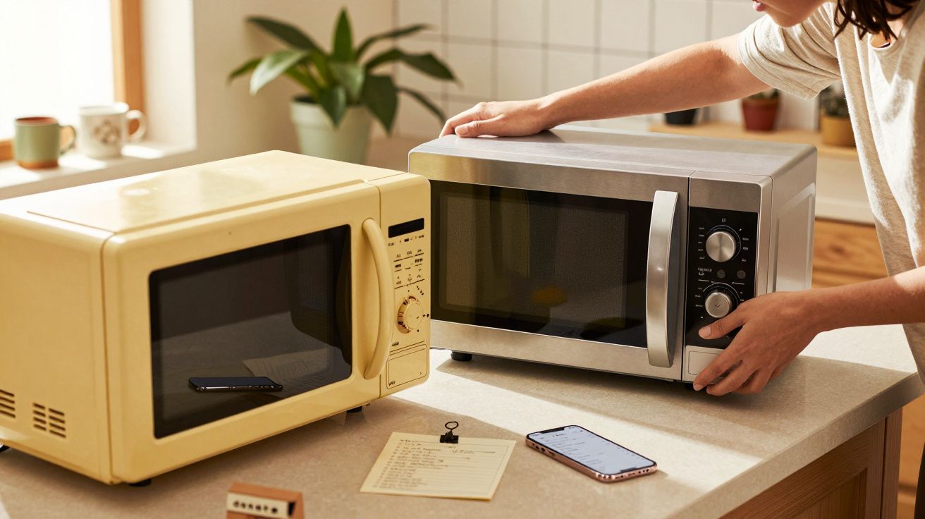 Persona comparando dos microondas en la cocina, uno amarillo y otro plateado, con una lista y un móvil sobre la encimera.