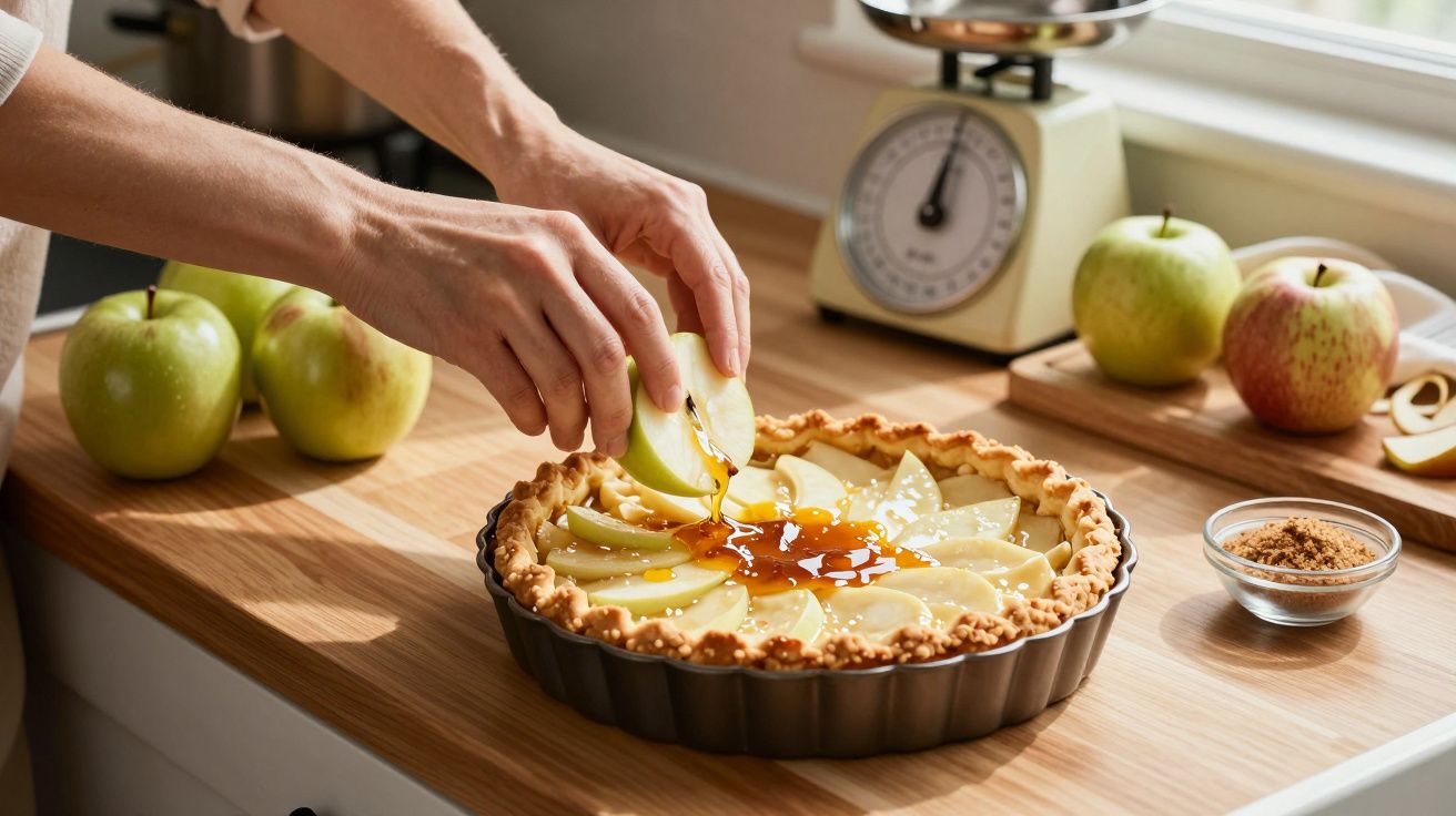 Manos preparando una tarta de manzana en la cocina, con una báscula y manzanas de fondo.