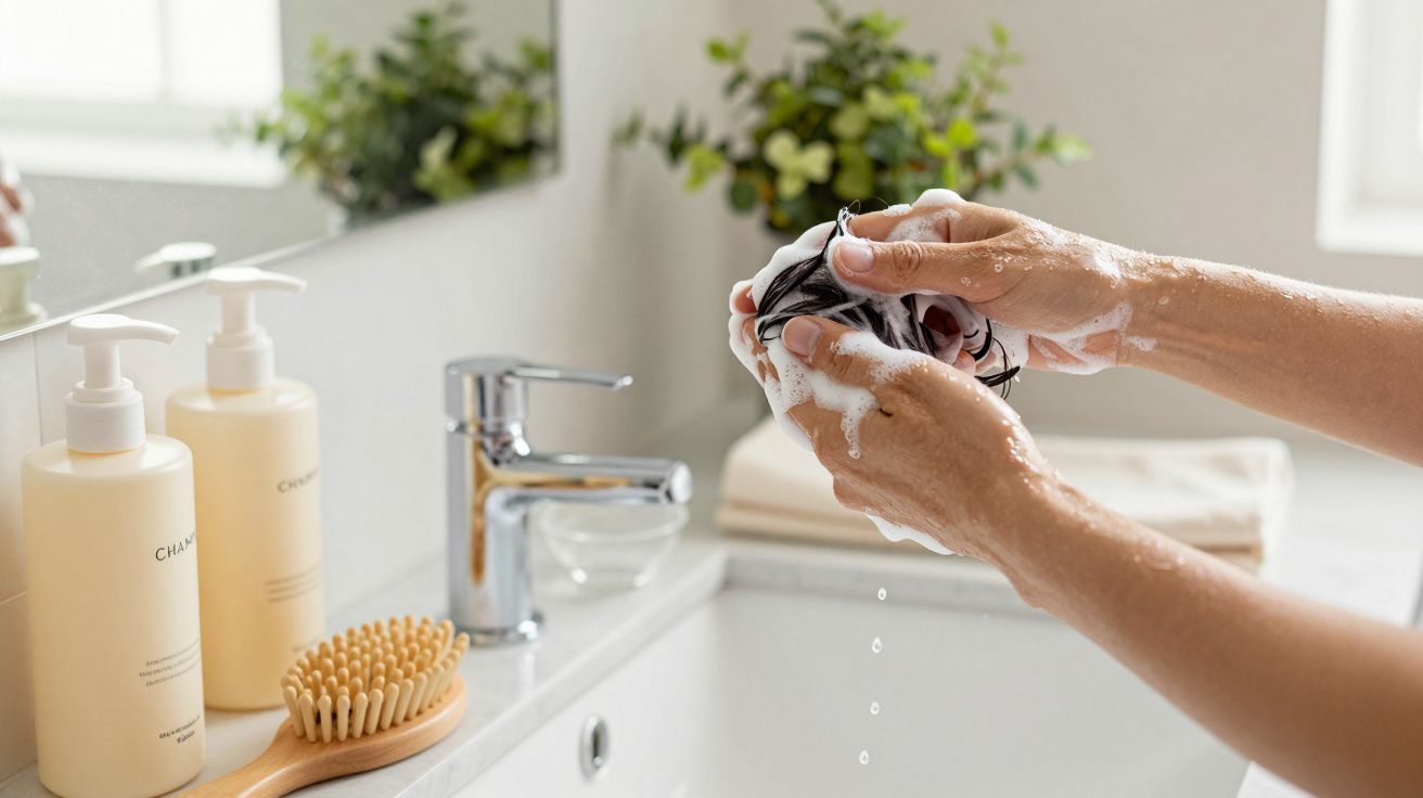 Manos lavando tela con jabón en un lavabo de baño, junto a dispensadores y cepillo sobre la encimera.